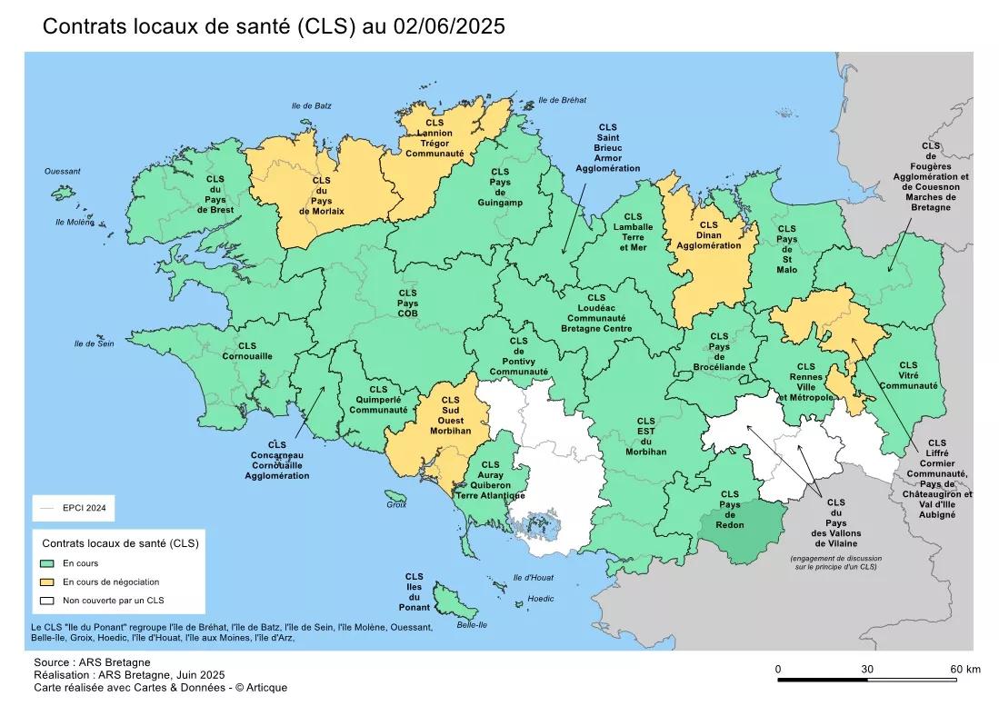 La carte des contrats locaux de santé (CLS) de Bretagne "voir description détaillé ci-après"